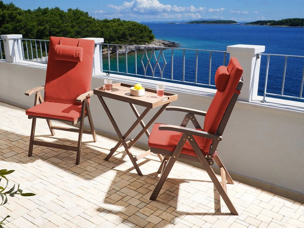Set da giardino in acacia massiccia naturale con cuscini rosso in stile rustico