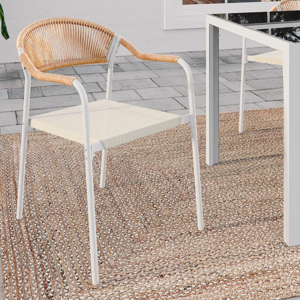 IDMarket - Set di 6 sedie da giardino MADEIRA in metallo bianco con cordoncino in textilene beige e rattan chiaro