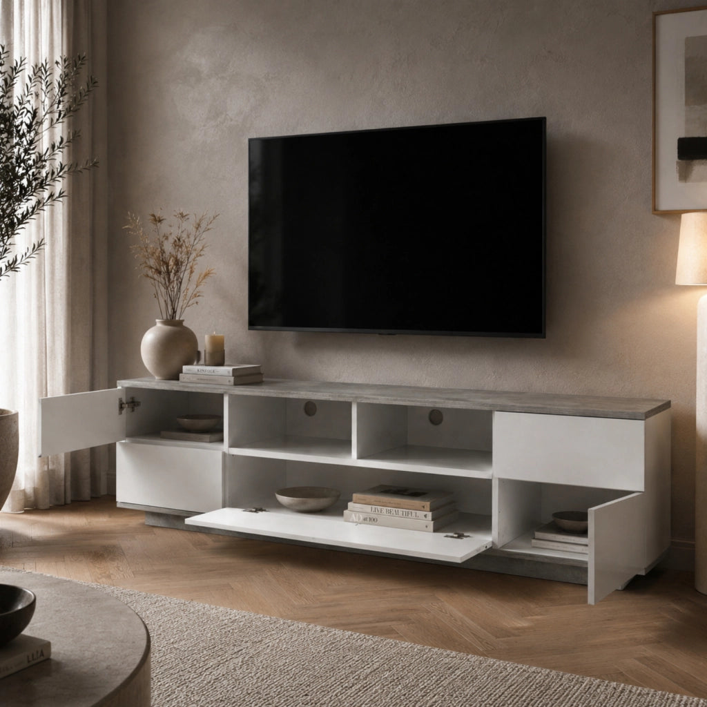 Mobile Tv Salotto Moderno Con 4 Ante 1 Anta A Ribalta 2 Vani A Giorno Con Passacavi Per Soggiorno Living Design In MDF Resistente 180 X 38 X 46 Cm Bianco E Grigio Cemento