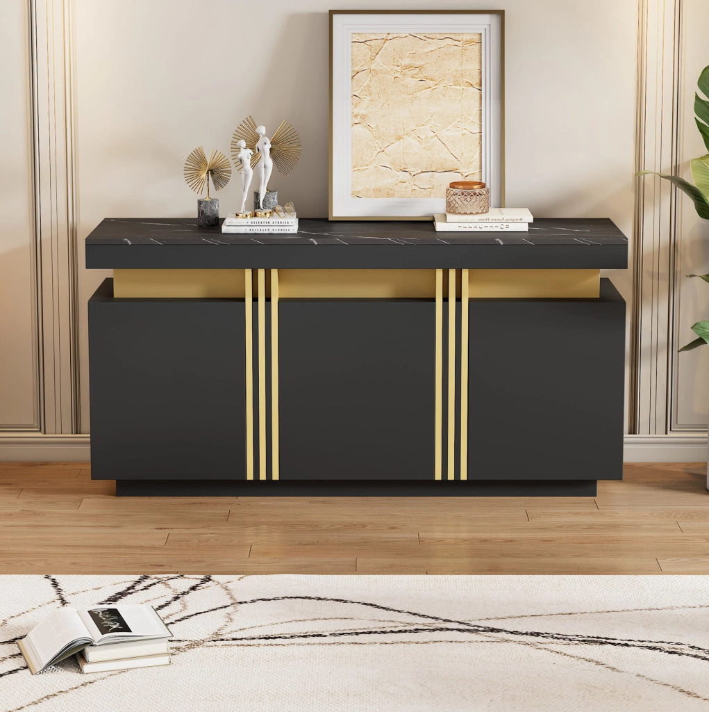Credenza 140x38x70 cm nera e oro in pannello truciolare, 3 ante