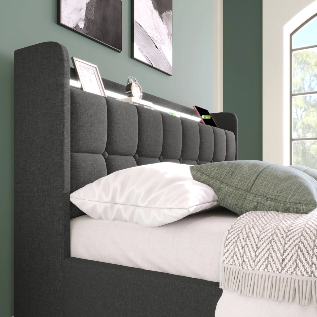 Letto matrimoniale imbottito – 140x200 cm – USB LED 4 cassetti – legno grigio
