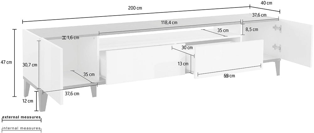 Porta TV SUNRISE 200 cm - Acero/ardesia, 2 vani e 2 cassetti