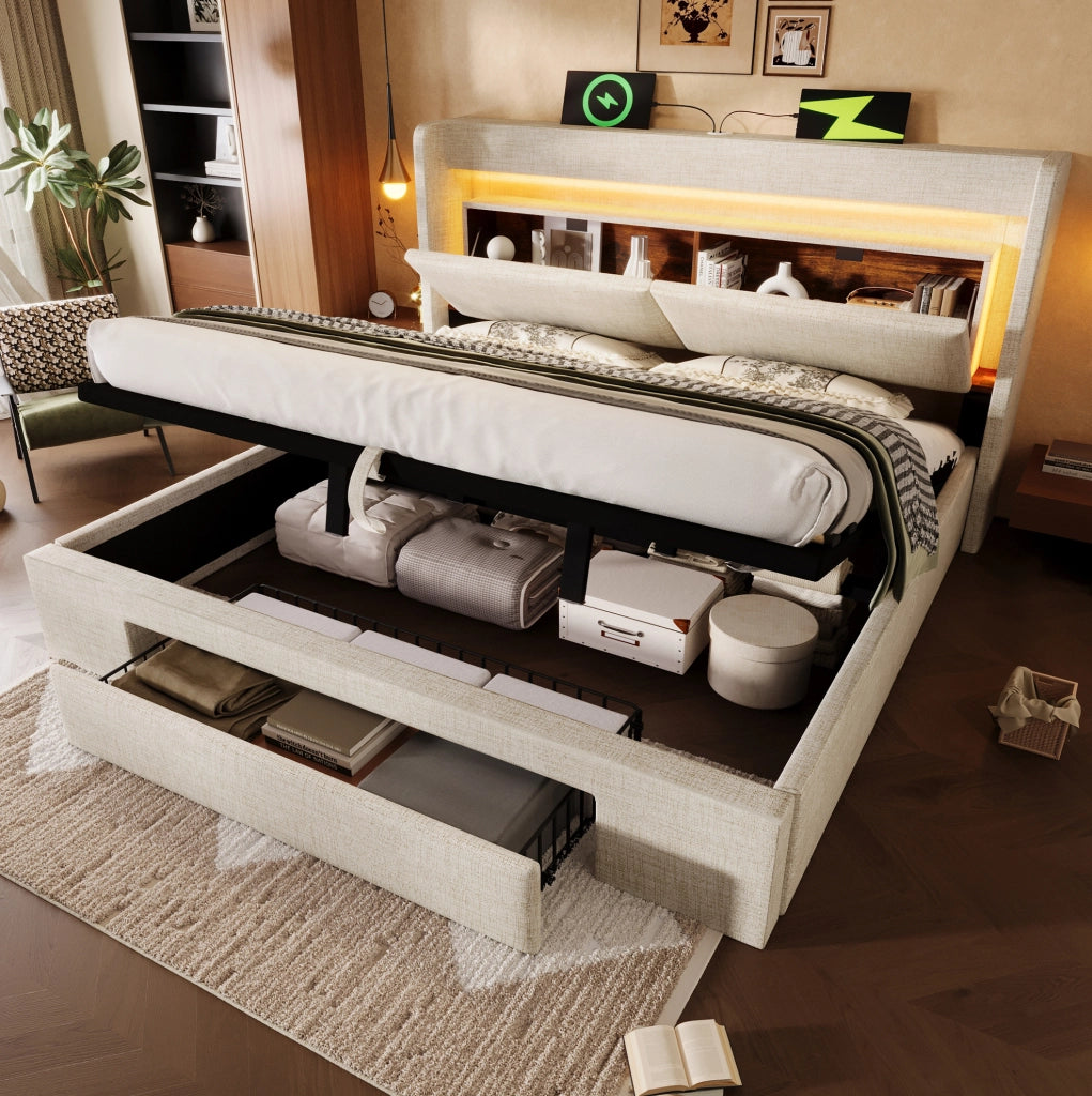 Letto imbottito 140x200 beige con LED, USB-C e vano idraulico