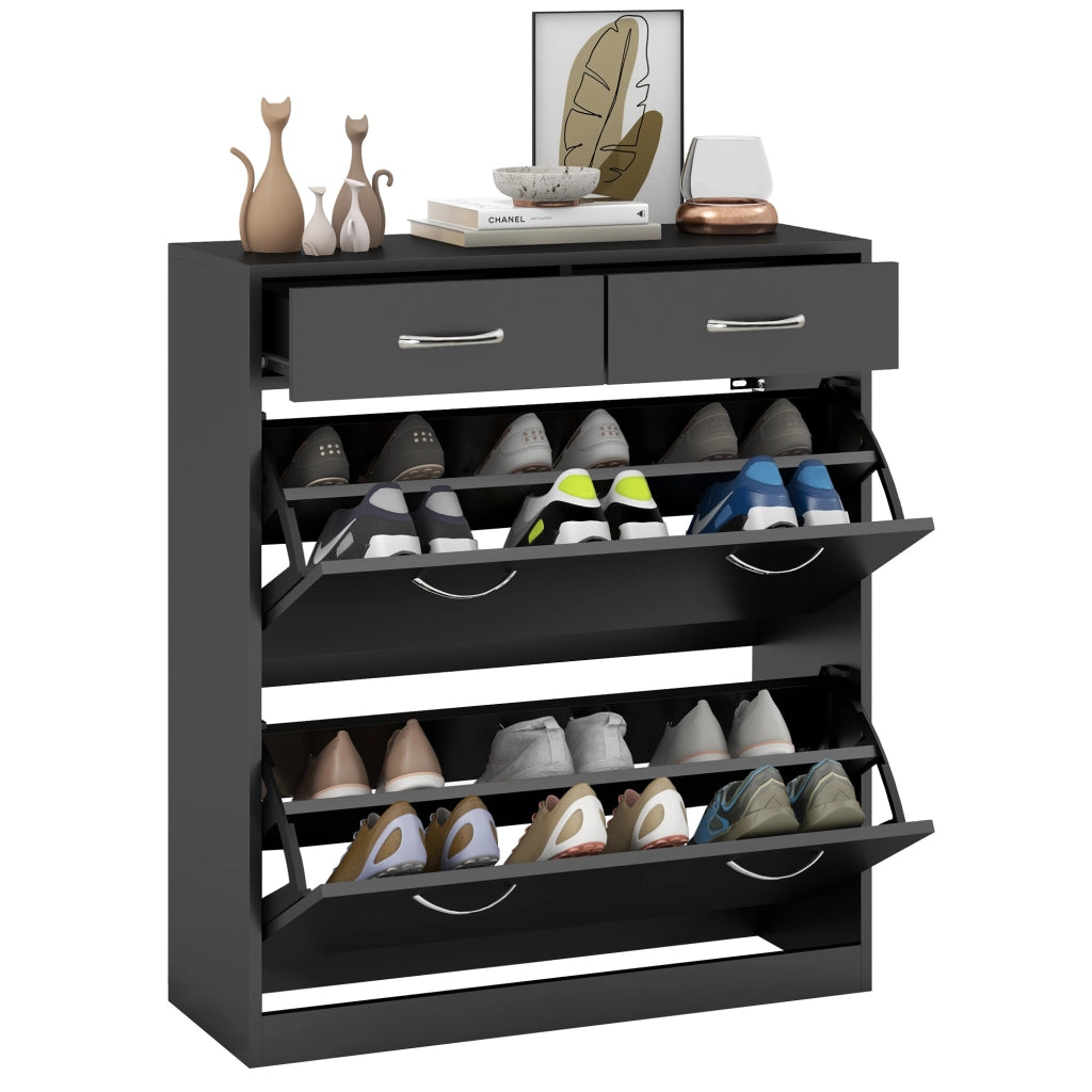 Mobile Scarpiera da 12 Paia 80x30x91,5 cm con Ripiani Regolabili e Cassetti in Legno Nero