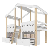 Letto a Soppalco Letto Singolo 90x200 cm; Casa; 2 Cassetti; LED e Mensole