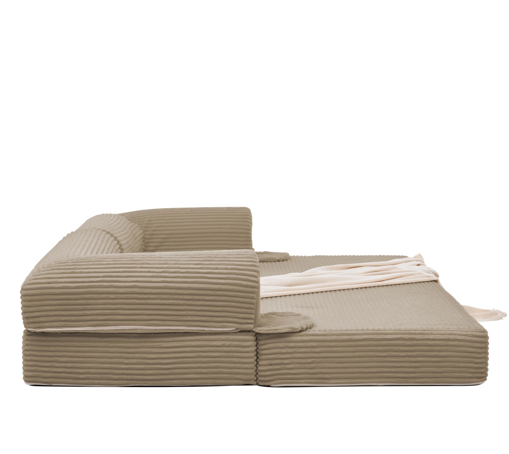 Divano letto convertibile 2 posti con braccioli imbottiti, stile minimalista, in tessuto a coste, Marrone