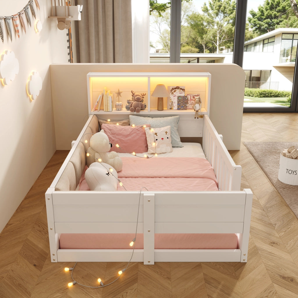 Letto per bambini 90×200 cm con testiera imbottita; LED e sponde di sicurezza; senza materasso; bianco