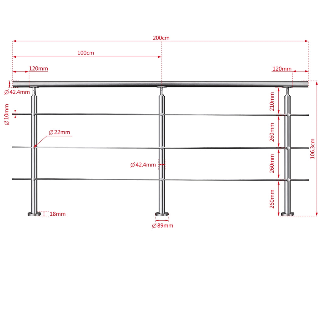 Ringhiera Balaustra Corrimano in acciaio inox 304 spazzolato 200x106cm per interni ed esterni 3 barre trasversali