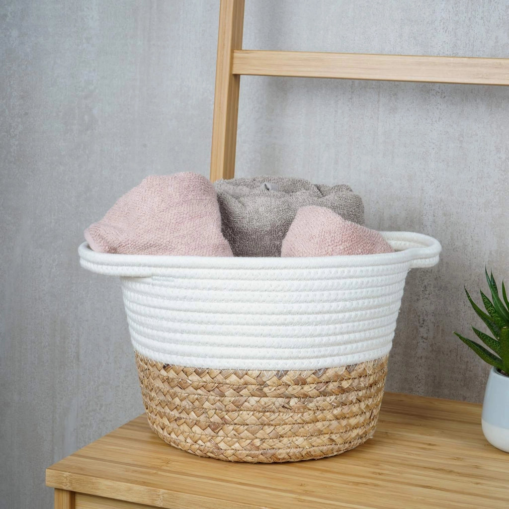 Cesta Multifunzione elegante Bianco e Fibra naturale in Corda di cotone e fibra di giacinto d'acqua Mod. Claire