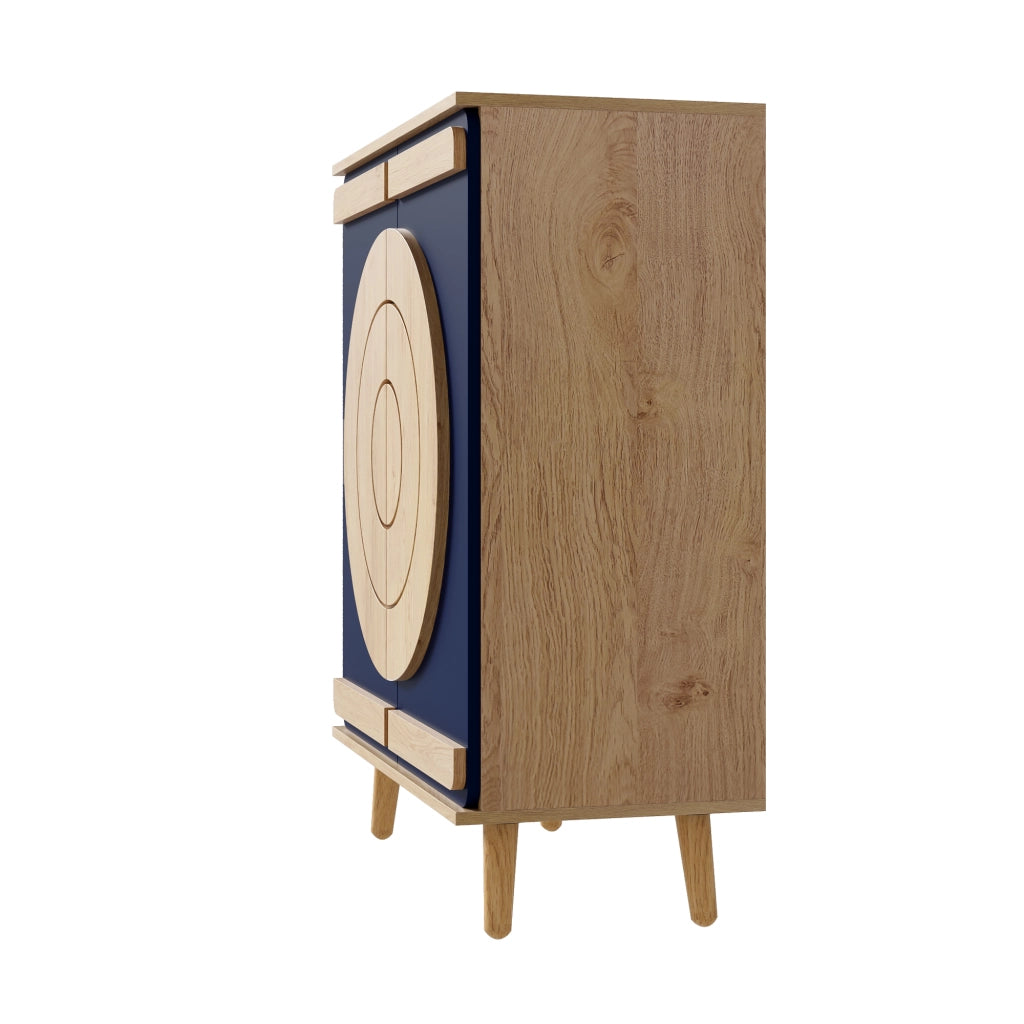 Scarpiera con ante geometriche chiuse e ripiani in pannello truciolare blu e naturale per ingresso 76 × 37 × 98,5 cm