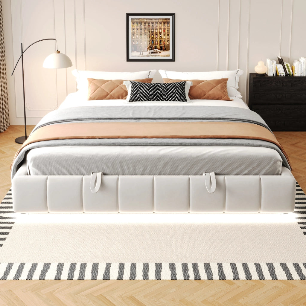 Letto imbottito con sollevamento idraulico, LED integrata e vano contenitore