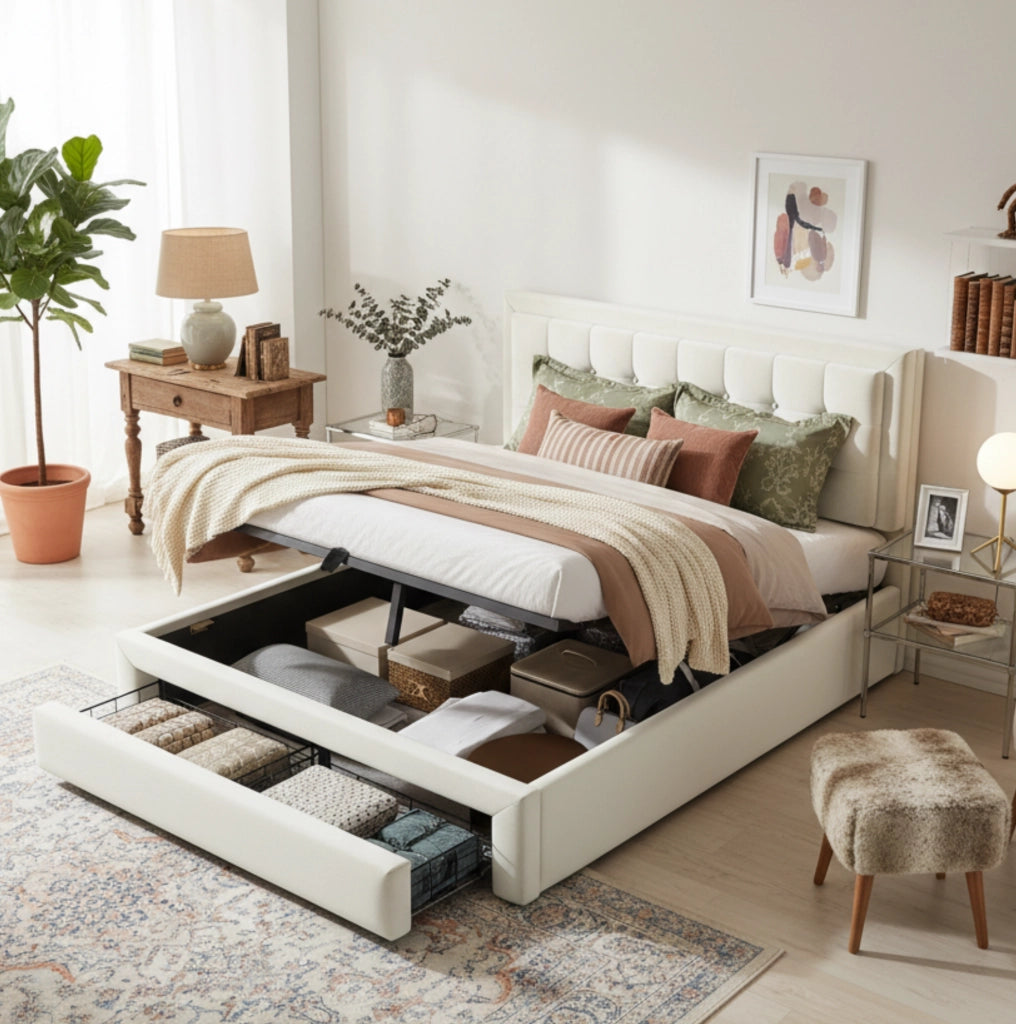 Letto imbottito 140x190 cm in velluto beige con testiera regolabile e contenitore