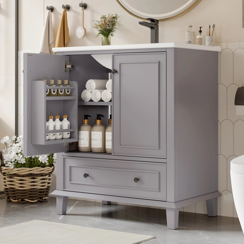 Mobile bagno freestanding 76x46x87 cm con lavabo in ceramica, 2 ante, 1 cassetto, struttura in MDF e gambe in legno massello, grigio