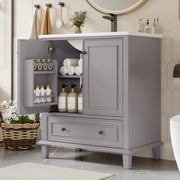 Mobile bagno freestanding 76x46x87 cm con lavabo in ceramica, 2 ante, 1 cassetto, struttura in MDF e gambe in legno massello, grigio