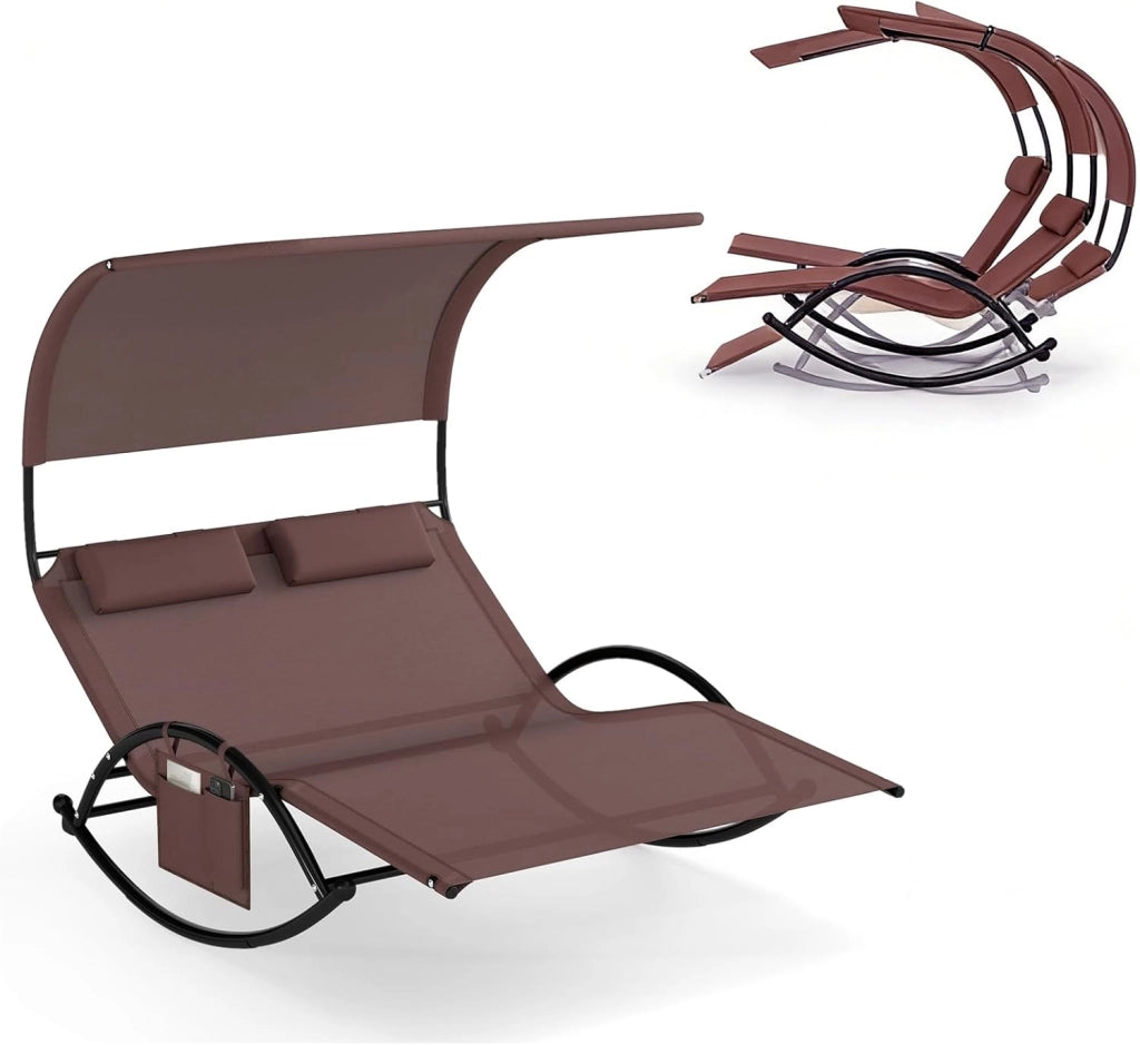Lettino Prendisole a 2 Posti, Fino a 300 kg, con Tettuccio e Poggiatesta, Sdraio a Dondolo in Tessuto Textilene e Struttura Metallica, per Giardino, Patio, Terrazza, Piscina (Beige)