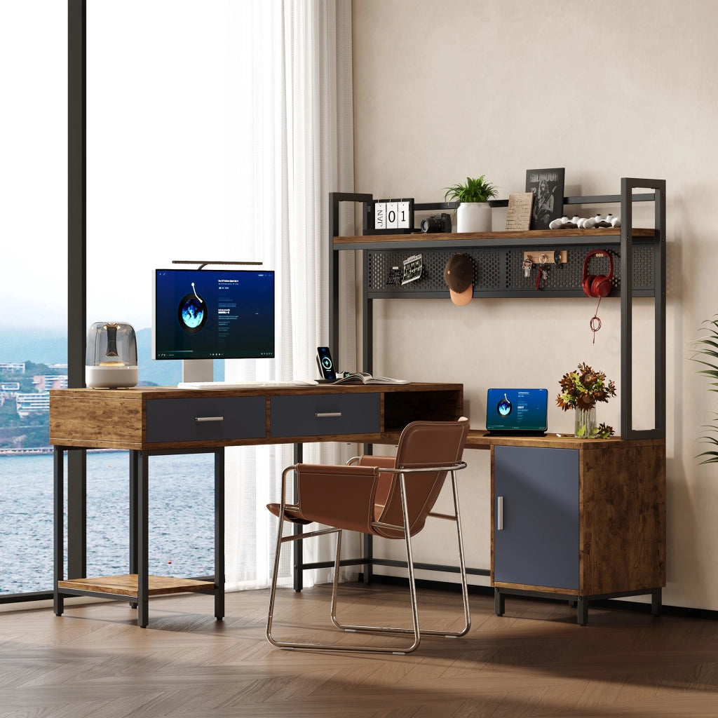 Scrivania angolare industriale 140x140x135 cm con cassetti e anta, struttura in MDF e metallo nero