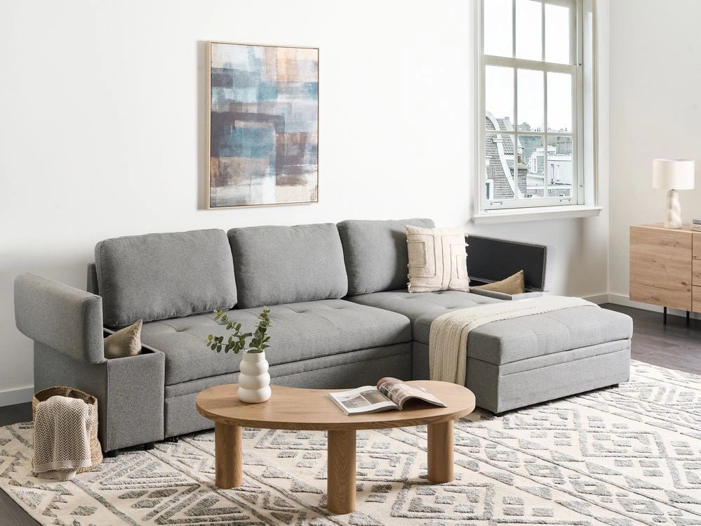 Divano letto angolare Grigio in tessuto imbottito Orientamento a sinistra con letto contenitore