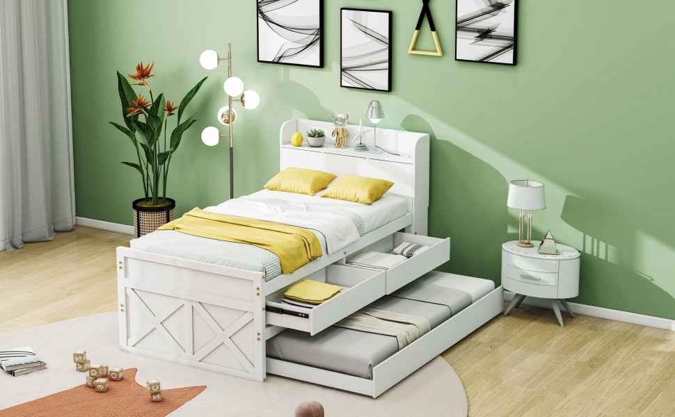 DESMIU Letto estraibile letto singolo 1 posto con 2 cassetti, USB e mensola, 90 × 190 cm, senza materasso, bianco