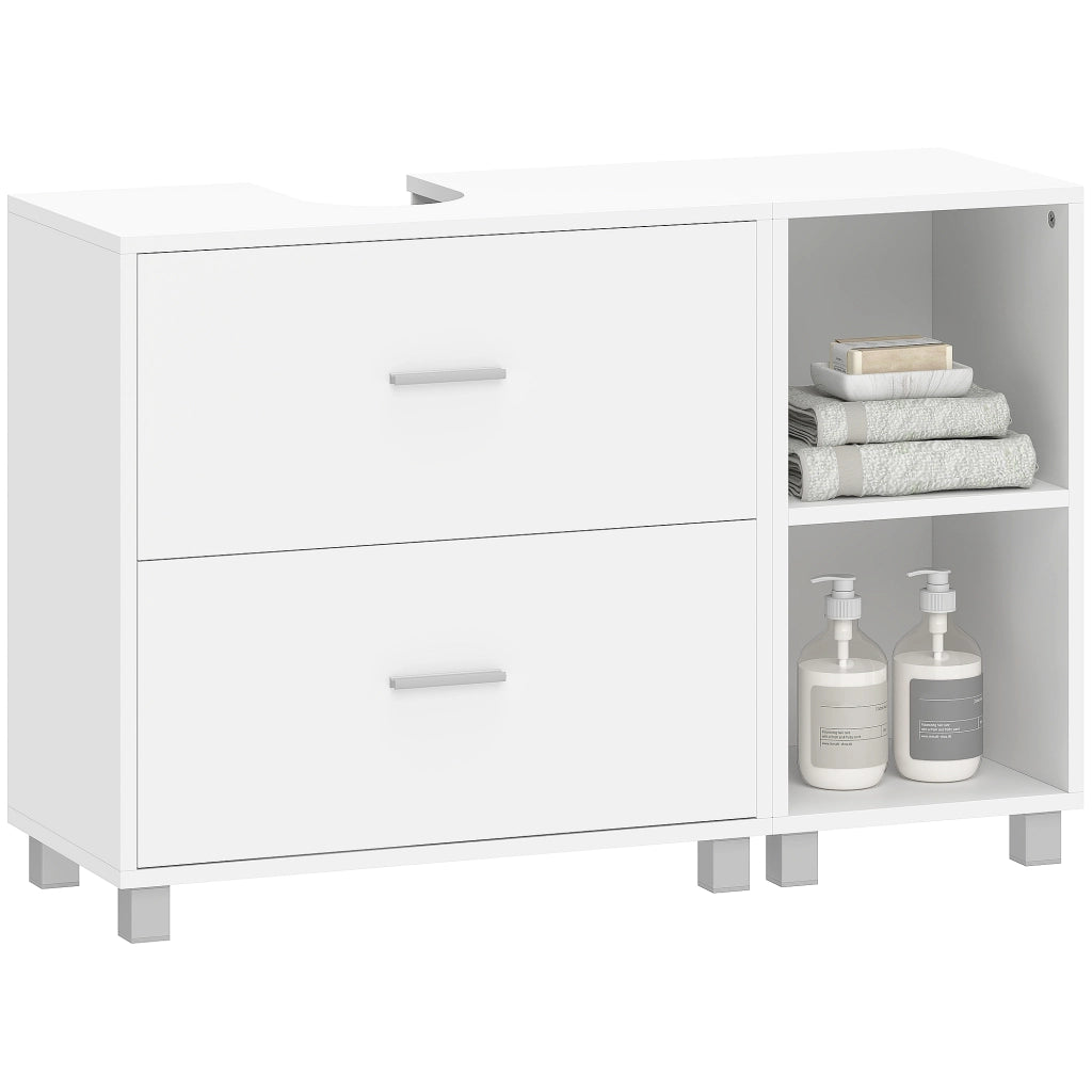 Mobile Sottolavabo Bagno con 2 Cassetti e Ripiani Aperti, in Legno, 90x30x60 cm, Bianco