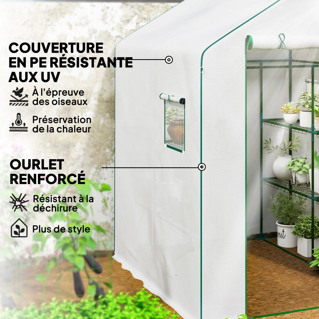 Serra da Giardino con 1 Porta 2 Finestre e Scaffali 3 Livelli ¨C Zephmum ¨C Bianco 140x143x190 cm