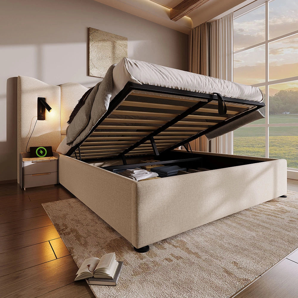 Letto matrimoniale con materasso - Xylo - 160x200 cm - Beige - Luce lettura USB-C