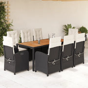 Set da Pranzo da Giardino 9 pz con Cuscini Nero in Polyrattan