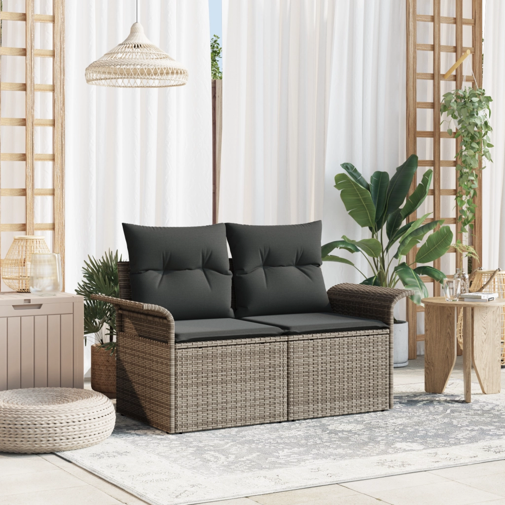 Divano da Giardino a 2 Posti con Cuscini Grigio in Rattan Sintetico