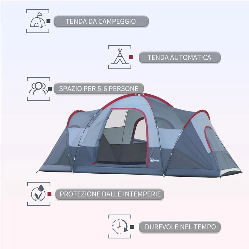 TENDA DA CAMPEGGIO PER 6 PERSONE IDROREPELLENTE CON  PALI IN FIBRA DI VETRO, 4.55X2.3X1.8M, GRIGIA