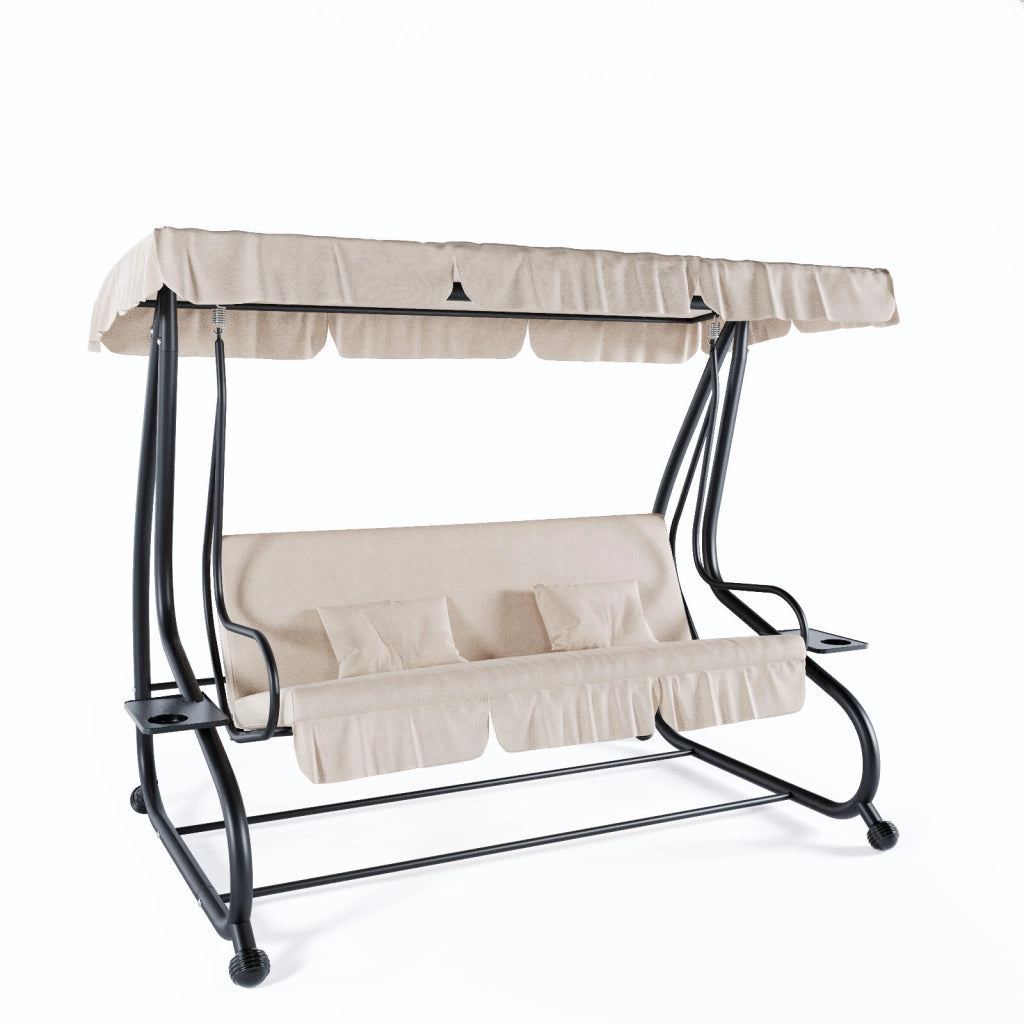 Dondolo Da Giardino 3 Posti Trasformabile In Letto Con Schienale Reclinabile Tetto Parasole Orientabile Cuscinatura Comfort Per Terrazza Balcone Patio E Outdoor Relax 200 x 120 x 160 Cm Beige