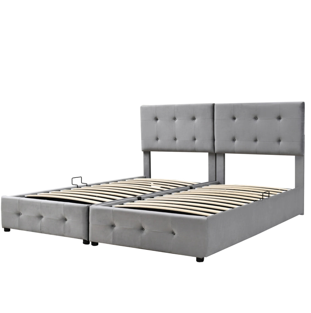Letto imbottito 180x200 cm grigio in velluto con contenitore idraulico