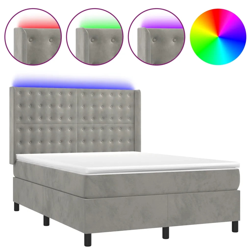 Letto a Molle Materasso e LED Grigio Chiaro 140x200 cm Velluto 3139805