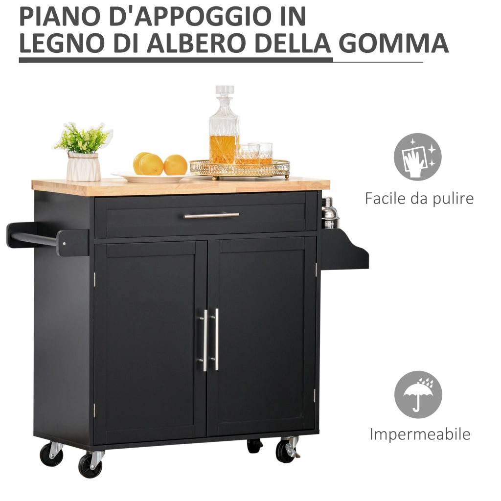 EasyComfort Carrello da Cucina Multiuso con Cassetto, Ruote, Portaspezie e Armadietto, Mobiletto Cucina con Ripiano Regolabile, Portasciugamani e Piano in Legno di Caucciù, 109x40x89 cm, Nero