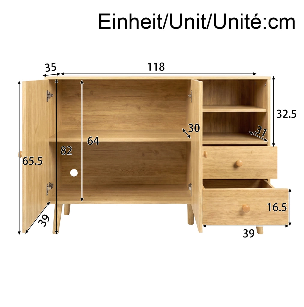 Credenza con ante curve 118x35x82 cm in MDF e truciolare naturale; con 2 cassetti