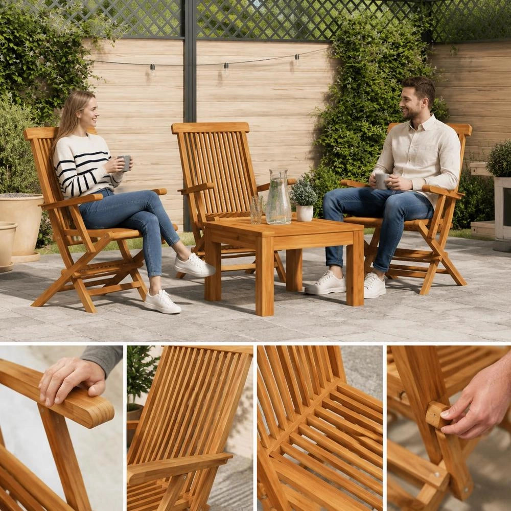Garden Chairs, 3 Pieces, Solid Teak Wood