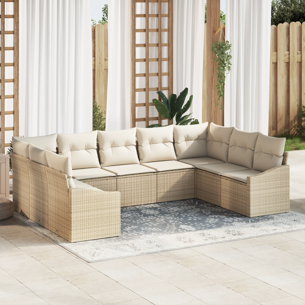 Set di Divani da Giardino da 9 Pezzi con Cuscini Beige Polyrattan