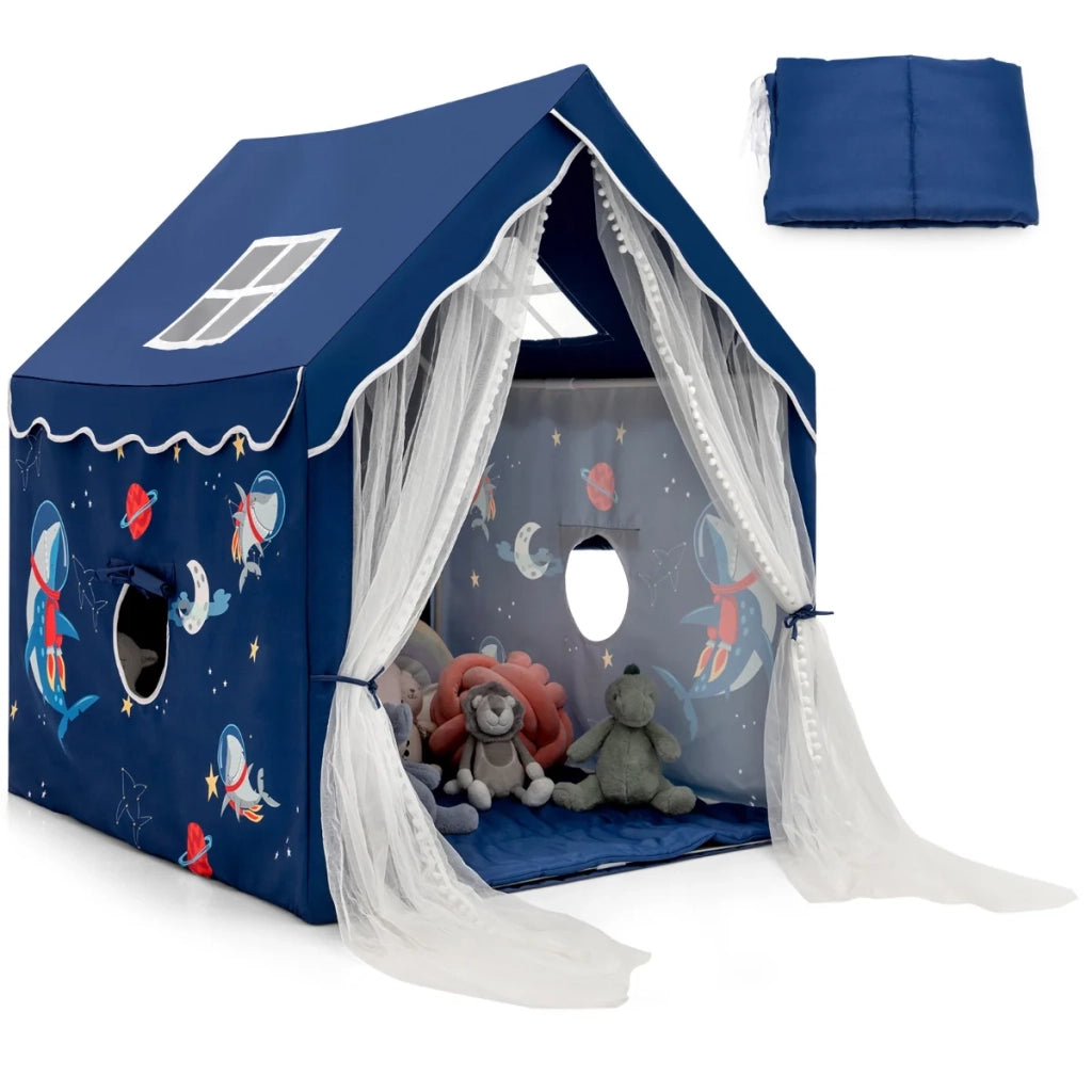 Tenda da gioco per bambini da interno 121 x 105 x 137 cm con materassino imbottito e finestre in rete in poliestere-cotone blu 20_0020756