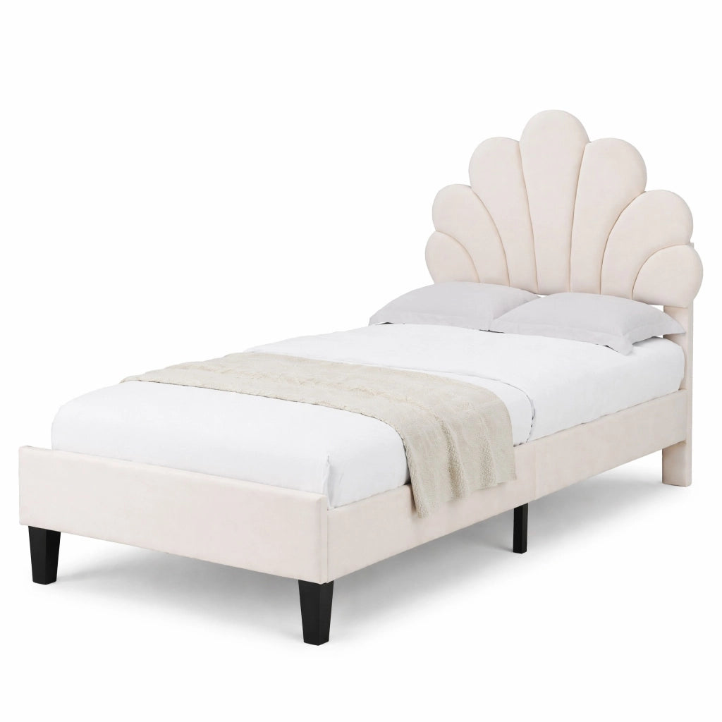 Letto imbottito 90x200 cm in velluto beige con testiera floreale e rete a doghe