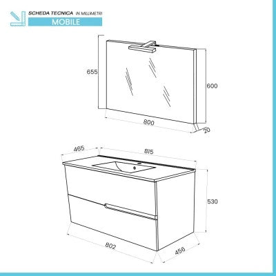 Mobile bagno sospeso 80 rovere grigio e bianco con lavabo e specchio  Eva