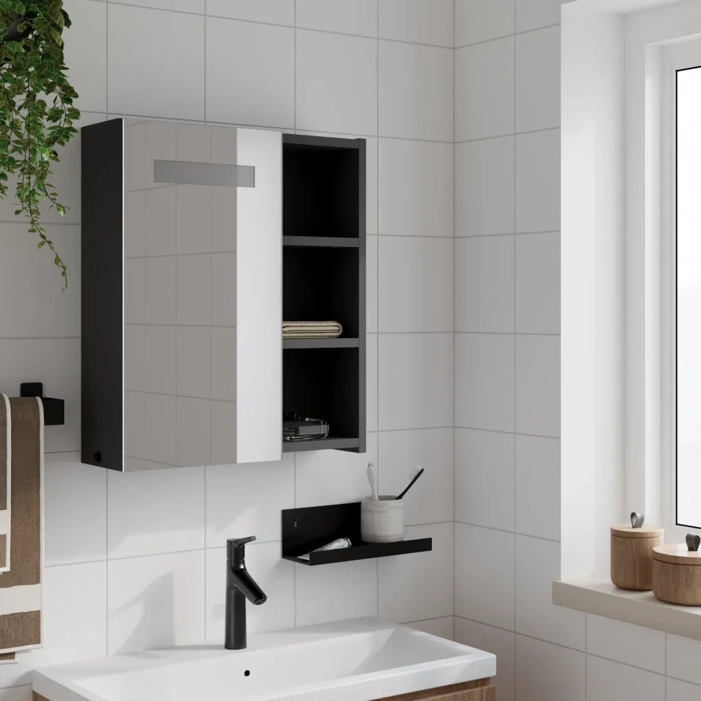 Armadietto Bagno con Specchio e LED Nero 45x13x52 cm 357967