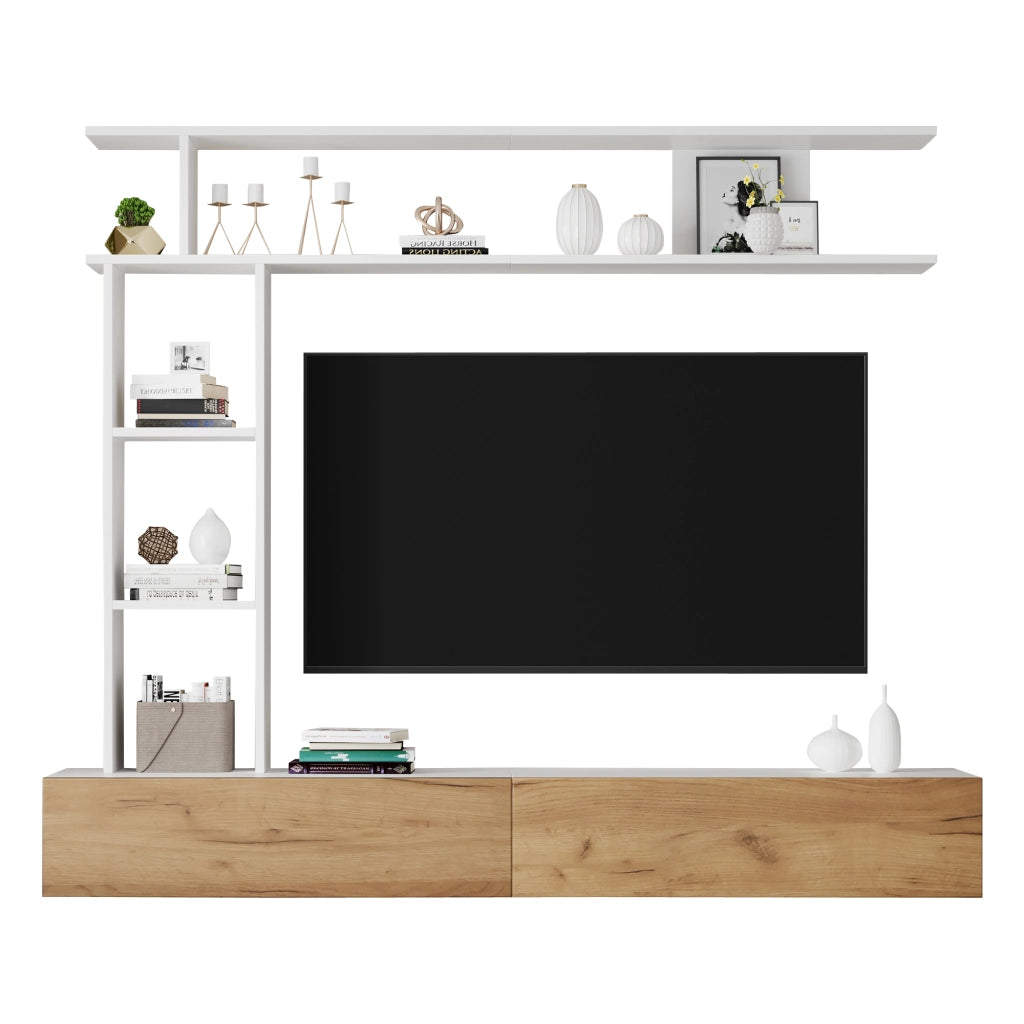 Mobile TV da parete o da terra con mensole e vani aperti 180 cm; bianco e rovere