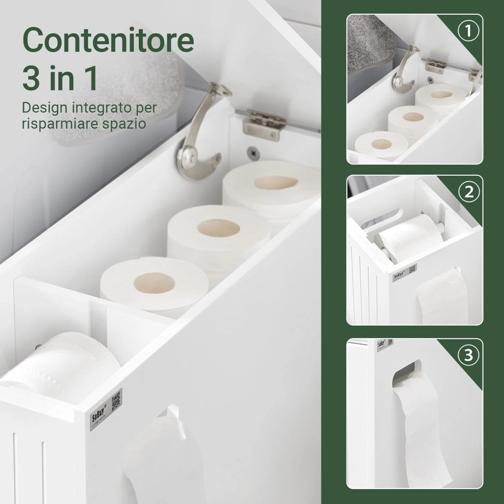 Stretto Mobiletto Bagno con Rotelle 20cm– Carrellino Salvaspazio con Cassetto per Conservare Carta Igienica, Mobile Bagno in Legno, Bianco, 20x75x60cm, BZR111-W
