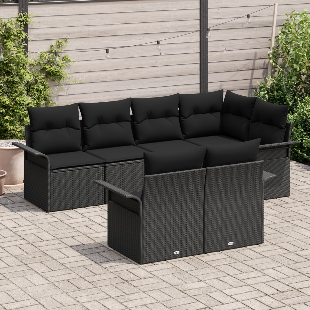 Set Divano da Giardino 7 Pezzi con Cuscini Nero Polyrattan