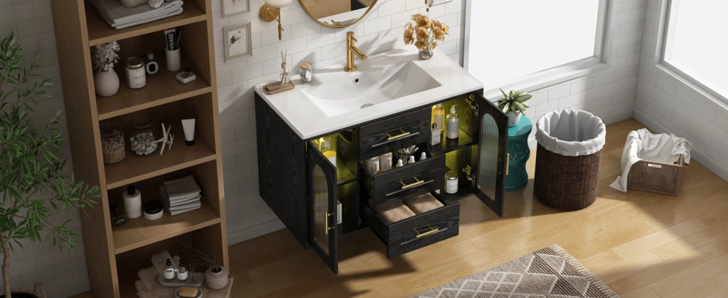 Mobile sottolavabo da bagno con LED, 2 cassetti e ripiani regolabili, anta in vetro rigato, nero, 76 × 46 × 55 cm