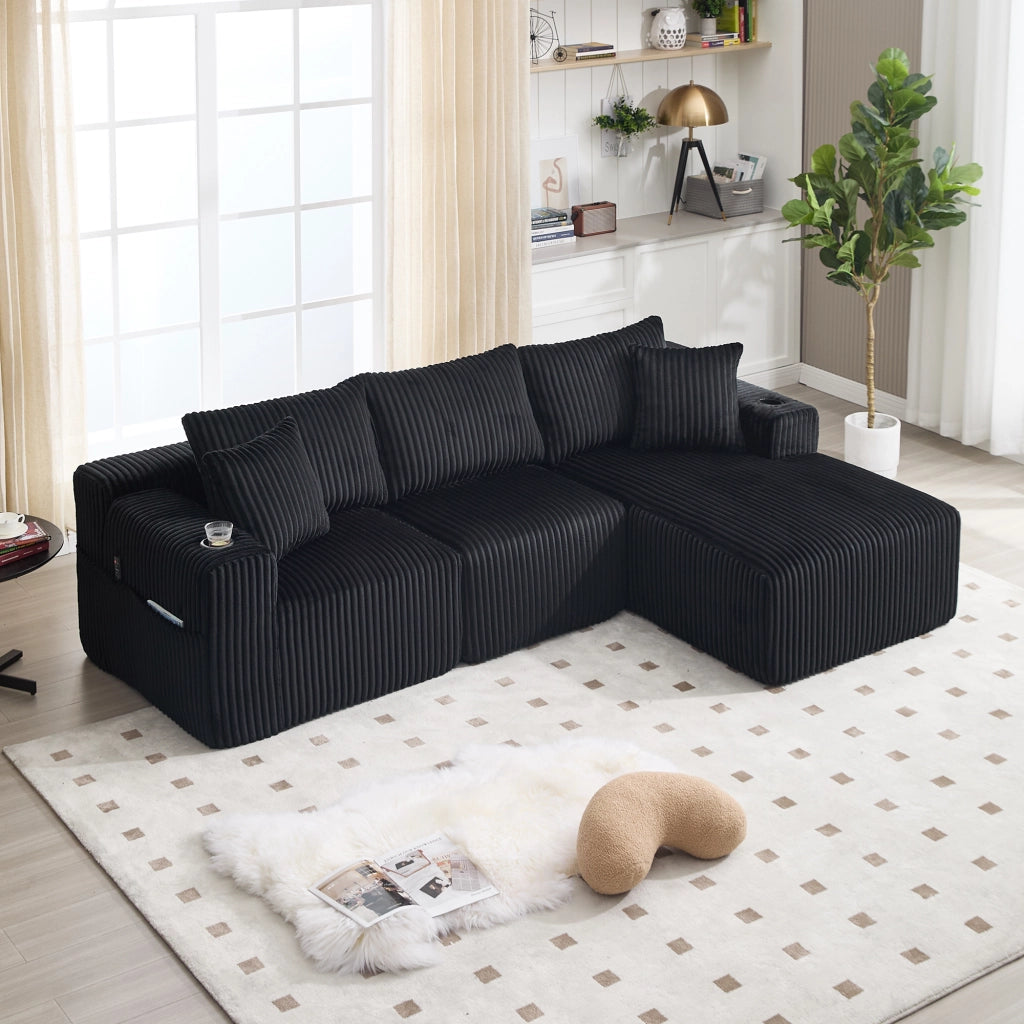 Divano modulare con chaise longue e 2 posti con 5 cuscini, tasche laterali e portabicchieri in velluto nero