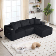 Divano modulare con chaise longue e 2 posti con 5 cuscini, tasche laterali e portabicchieri in velluto nero