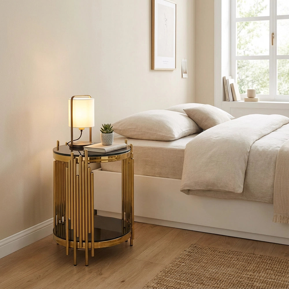 Tavolino Rotondo in Vetro per Soggiorno ¨C MINIMAL ¨C Nero/Oro, Gambe in Acciaio