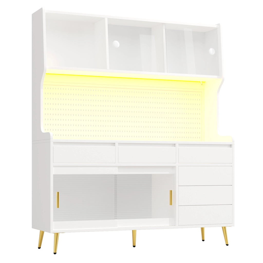 Mobile contenitore con ante scorrevoli in vetro zigrinato, LED con controllo app, metallo e MDF bianco 145 × 39 × 171 cm