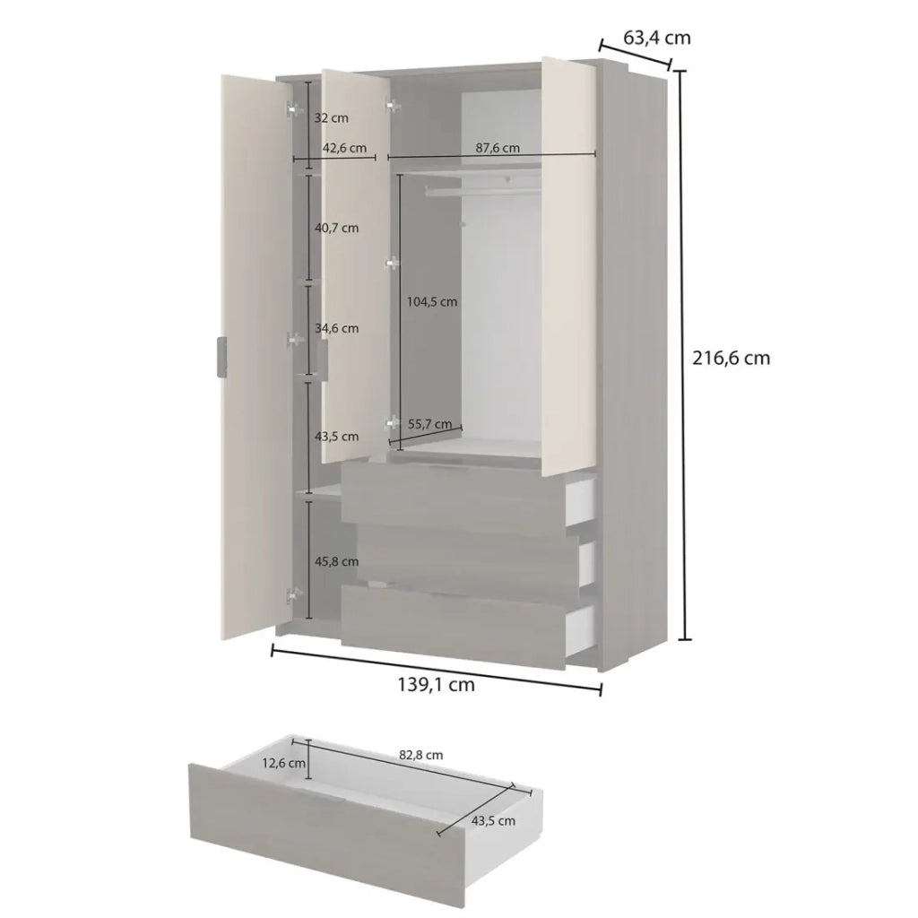 Armadio VALDORA 3 porte con LED e 3 cassetti in rovere scuro e beige 139 cm