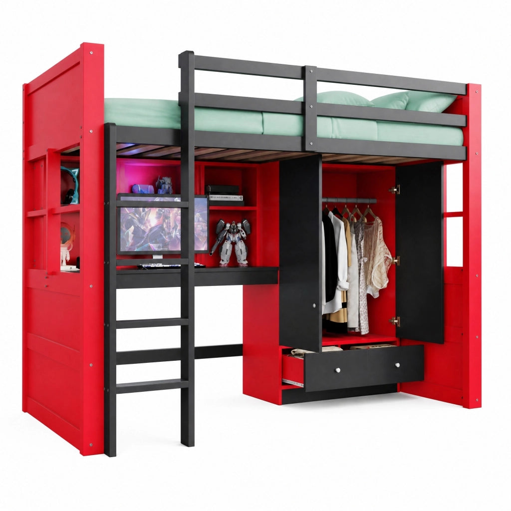 Letto a soppalco 90 × 200 cm con scrivania armadio cassetti LED prese e scala in legno nero e rosso