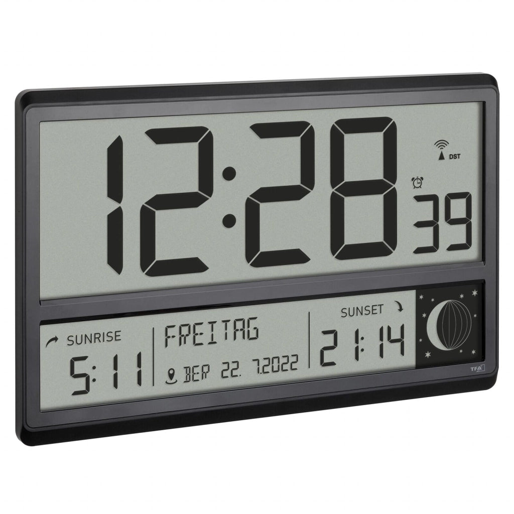 TFA-Dostmann 60.4524.01 Orologio da Parete Digitale Radiocontrollato con Display LCD Grande Fasi Lunari Alba Tramonto 158 Citta' colore Nero